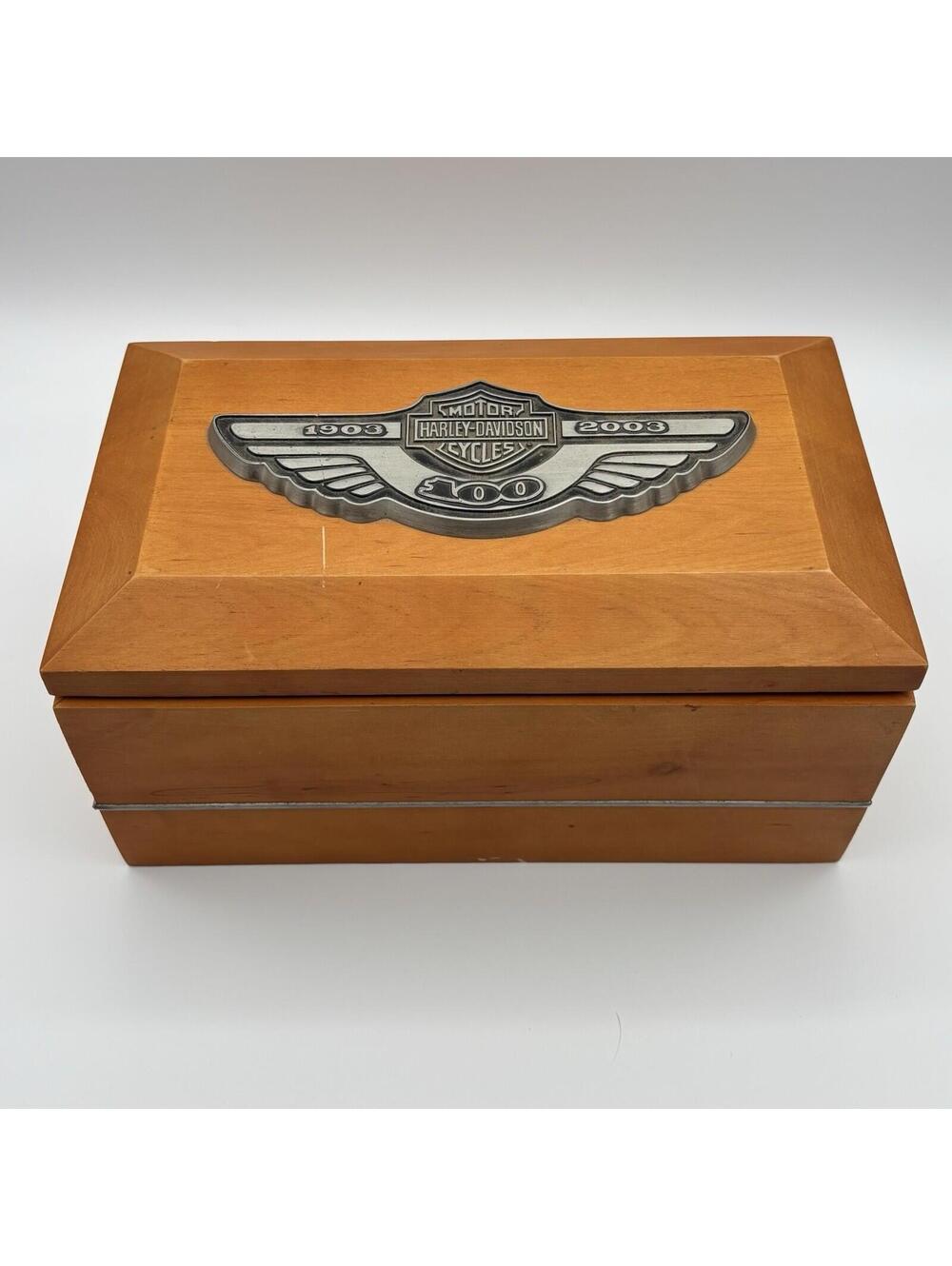 Harley-Davidson 100th Anniversary Wood Jewelry Box Hallmark 2003 Vintage 10x6x5"